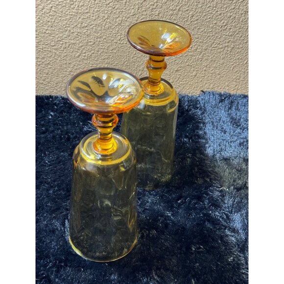 Vintage Hazel Atlas Lyric Gold Harvest Amber Optic Stemmed Glasses Set of 2 - Picture 7 of 8